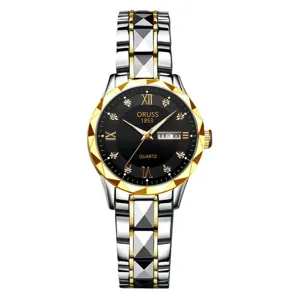 Women quartz watch with two-tone steel strap, black dial, Roman numerals and date display.