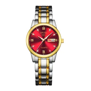 Orologio da donna al quarzo con quadrante rosso, indici in cristallo e cinturino in acciaio bicolore.