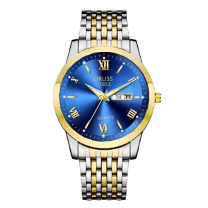 Détail de montre quartz pour homme avec cadran bleu et bracelet bicolore élégant.