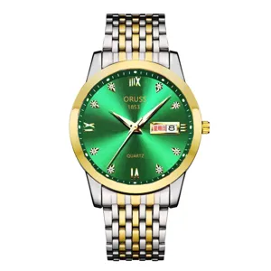 Men's quartz wristwatch with green dial, gold bezel, and two-tone stainless steel strap.