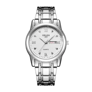 Men's quartz watch with stainless steel strap, white dial, calendar display and crystal markers.