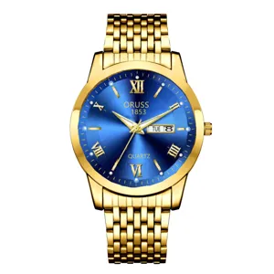 Montre quartz homme dorée de luxe avec cadran bleu et chiffres romains élégants.