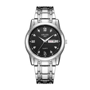 Men's quartz watch silver stainless steel metal band black dial luxury business dress