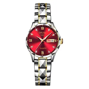 Women quartz watch with red dial, stainless steel gold black strap and calendar display.