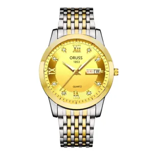 Men's two-tone quartz watch with golden dial, Roman numerals, and clear date display.