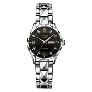 Women stainless steel quartz watch black dial calendar fashion wristwatch detail view