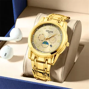 Men's gold quartz watch with Roman numerals, stainless steel strap and calendar function.