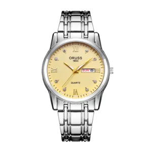 Men's quartz watch silver metal strap yellow textured dial calendar display fashion