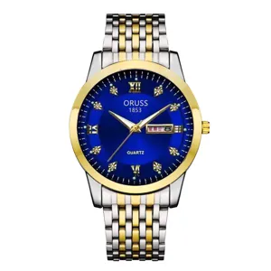 Men's quartz watch featuring a two-tone stainless steel strap and elegant blue dial.