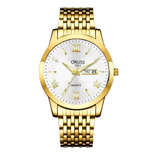 Montre quartz homme dorée avec cadran blanc, chiffres romains et bracelet en acier.