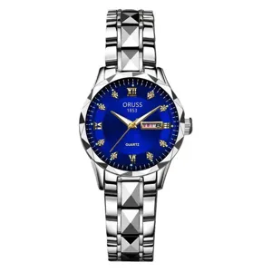 Women quartz watch with blue dial stainless steel strap day-date display fashion wristwatch