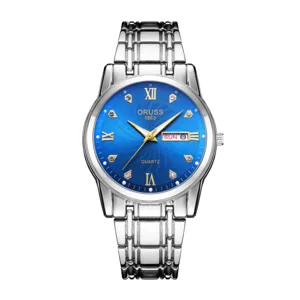 Detailed view of the quartz watch featuring a blue textured dial and silver stainless steel strap.