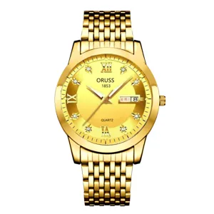 Luxury gold quartz watch for men with metal link bracelet, diamond markers and calendar.