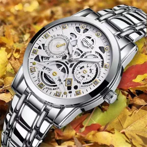 Men's stainless steel luxury business quartz watch with white dial and calendar display.
