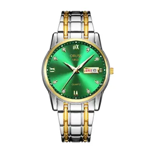 Elegante Herren Quarzarmbanduhr mit strahlendem grünen Zifferblatt und Bicolor Stahlarmband.