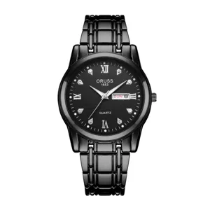 Close-up details of the black dial quartz watch with calendar display and metal link bracelet.