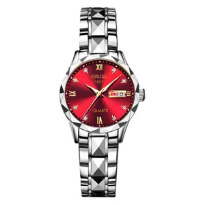 Women's quartz watch with steel strap, red dial, faceted bezel, and calendar display.