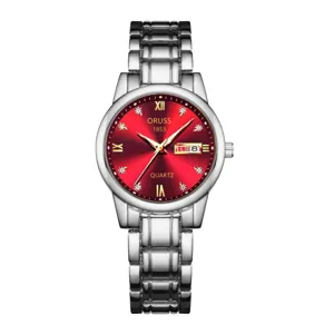 Orologio da polso al quarzo da donna in acciaio con quadrante rosso e cinturino metallico.