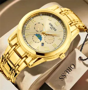 Men's gold quartz watch with metal strap, Roman numerals and multi-functional sub-dials.