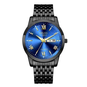 Montre quartz noire pour homme avec cadran bleu et bracelet en acier inoxydable.