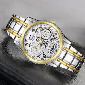 Detailed view of two-tone men's mechanical watch with skeleton dial and stainless steel band.