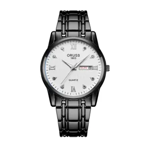Men black quartz watch with textured white dial, roman numerals and calendar display.
