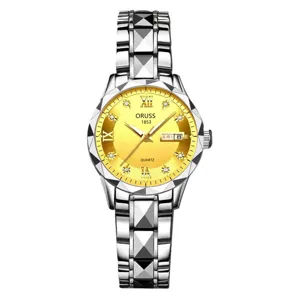 Detailed view of women quartz watch with yellow dial crystal markers and steel band.