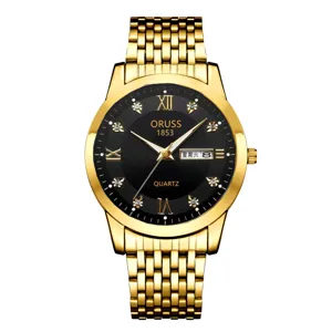 Luxury gold men's quartz watch with black dial, Roman numerals, and sparkling rhinestone hour markers.