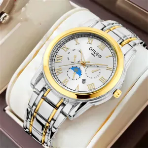 Men's quartz watch with two-tone metal strap, elegant white dial and Roman numerals.