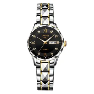 Fashionable women quartz watch featuring ceramic steel strap and dual calendar display.
