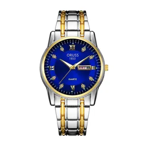 Detailansicht der luxuriösen Herren Quarzarmbanduhr mit blauem Zifferblatt und Metallarmband.