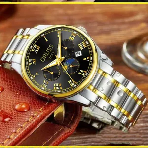 Close-up of men's quartz watch featuring stylish black dial, Roman numerals and two-tone strap.