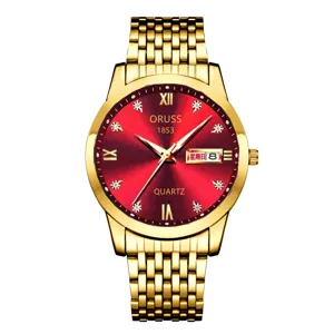 Gold quartz men watch with red dial stainless steel strap fashion business wristwatch waterproof
