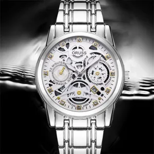 Men's silver stainless steel hollow dial watch with date waterproof detailed view.
