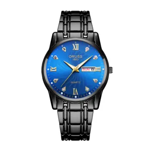 Men's stylish quartz watch with black metal band, blue dial, calendar display, waterproof design.