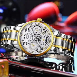 Men's luxury style business casual wristwatch with dual-tone metal strap and skeleton dial design.
