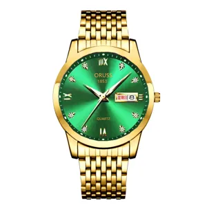 ORUSS men's quartz watch with striking green dial and gold-tone stainless steel mesh bracelet.