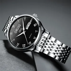 Men Business Casual Quartz Watch With Stainless Steel Fine Steel Band Roman Numerals Luminous Dual Calendar Waterproof Luminous Display Luxury Wristwatch