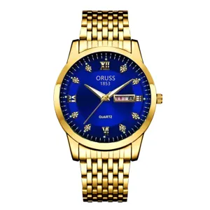 Gold quartz watch for men featuring a striking blue dial, Roman numerals, and steel strap.