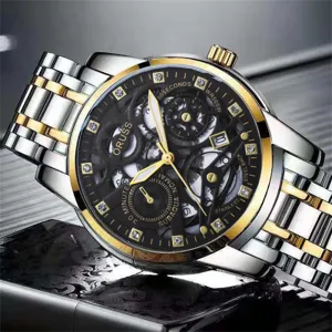 Luxury men mechanical wristwatch with two-tone steel strap, skeleton dial and date display.