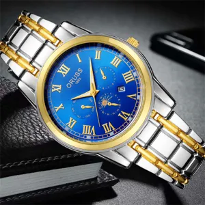 Detailed close-up view of the luxury men's quartz watch showcasing blue dial and steel strap.