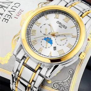 Men's quartz watch with two-tone stainless steel strap, Roman numerals and multi-function dials.