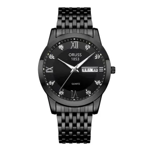 Men's black quartz wristwatch with stainless steel strap, crystal markers and date display.