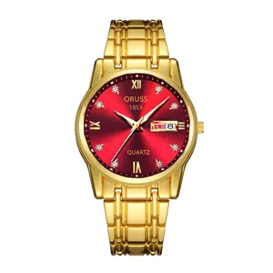 Elegante Herren Quarz Armbanduhr in Gold mit rotem Zifferblatt und edlem Edelstahlarmband