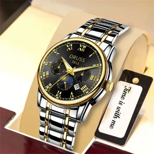 Men quartz watch detail view, luxury dual-tone stainless steel strap with Roman numerals dial.