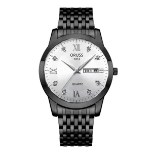 Men's Elegant Black Quartz Wristwatch Stainless Steel Band Roman Numerals Date Calendar