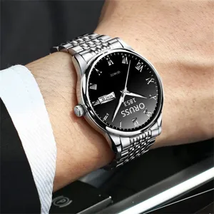 Men's quartz watch with black dial stainless steel strap fashion classic luxury wristwatch