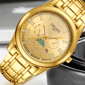 Men gold quartz watch stainless steel strap luxury business casual waterproof wristwatch