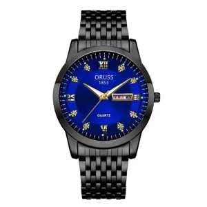 Men quartz watch stylish black stainless steel blue dial calendar business wristwatch