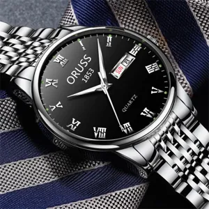 Men quartz watch with black dial roman numerals and stainless steel mesh strap for daily wear.
